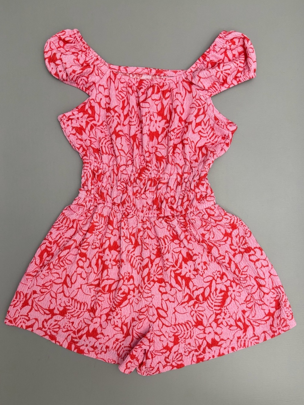SO Pink Floral Smocked Romper Girls Size 8 Off Shoulder Short Sleeve Summer